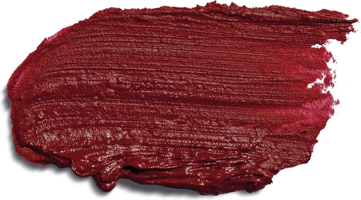 Trata-se de uma textura cremosa e de cor vermelho escuro, com um acabamento brilhante. O produto parece ter uma consistência macia e cremosa, com uma aplicação uniforme na imagem.