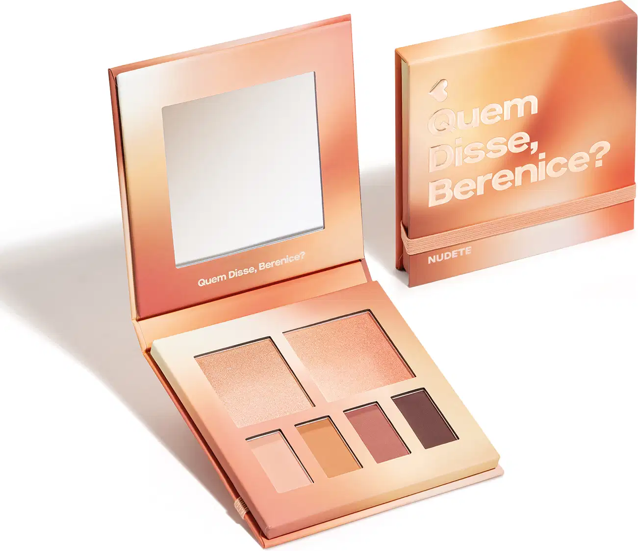 Paleta ee maquiagem multifuncional Nudelele Quem Disse, Berenice? em estojo na cor rosa com espelho na tampa contendo seis cores diferentes de sombras e blushes em tons de nude. Ao lado, caixa do produto.