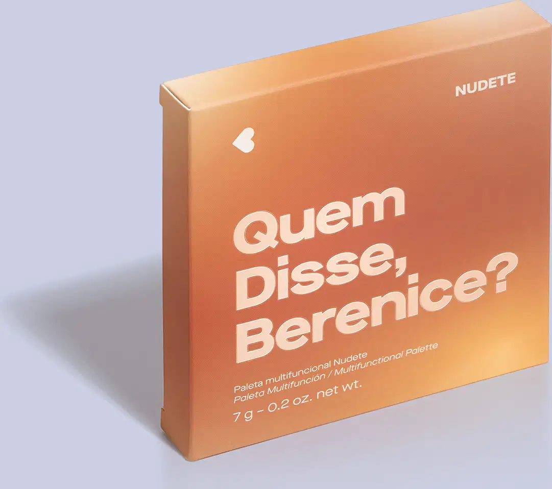 A caixa de um produto de maquiagem da marca Quem Disse, Berenice? chamado "Nudete". A caixa é de cor laranja e contém o texto "Quem Disse, Berenice?" em grande destaque, juntamente com a descrição "Paleta multifuncional
