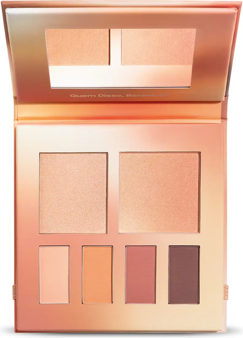 Paleta ee maquiagem multifuncional Nudelele Quem Disse, Berenice? em estojo na cor rosa com espelho na tampa contendo seis cores diferentes de sombras e blushes em tons de nude.