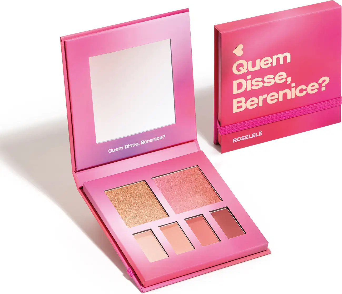 A paleta está aberta, revelando uma superfície espelhada e uma variedade de sombras em tons de rosa. Também é possível ver uma caixa fechada da mesma linha de produtos, com o mesmo design rosa