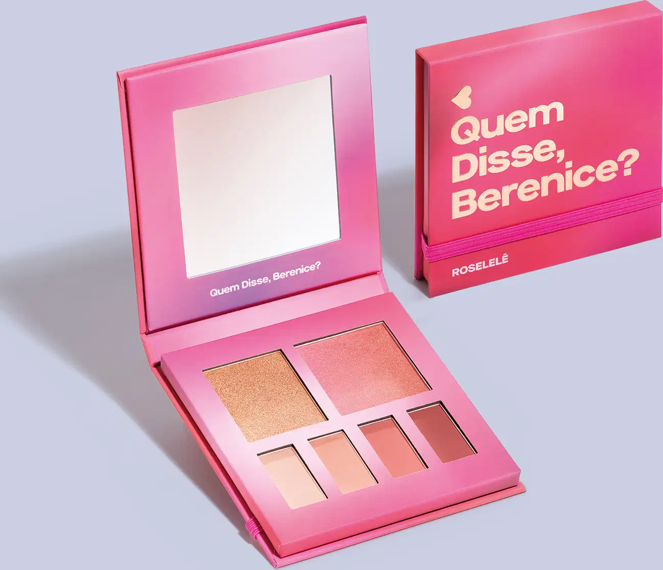 "Quem Disse, Berenice?" impresso em letras douradas. Dentro da caixa, há um espelho e uma paleta de sombras em tons de rosa e dourado. A paleta parece conter diferentes texturas e acabamentos, incluindo sombras brilhantes e mates.