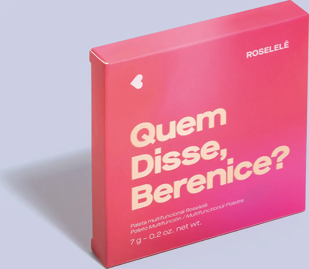 O texto na caixa indica que se trata de um produto da linha Roselele. A caixa possui um formato retangular e apresenta o nome do produto em destaque, "Quem Disse, Berenice?", além de informações sobre o conteúdo da paleta.