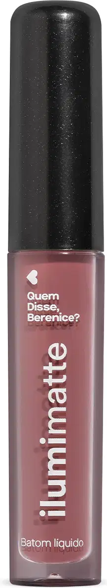Frasco de 4ml contendo batom líquido rosa Rosalumi Ilumimatte da marca Quem Disse, Berenice? em embalagem transparente mostrando o produto na cor rosa, tampa preta e letras brancas.
