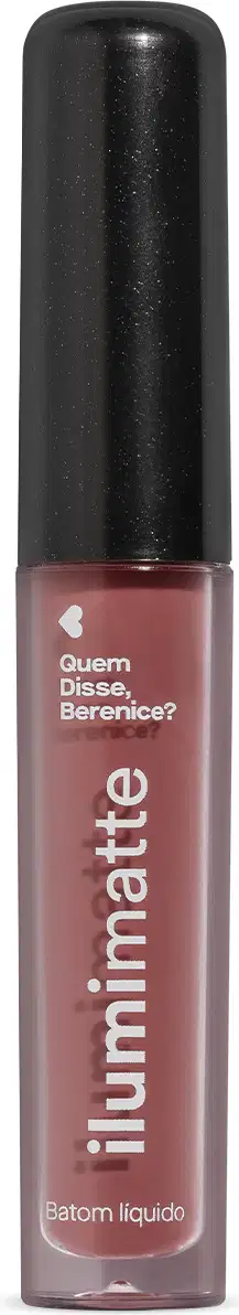 Frasco de 4ml contendo batom líquido nude Begelumi Ilumimatte da marca Quem Disse, Berenice? em embalagem transparente mostrando o produto na cor bege, tampa preta e letras brancas.
