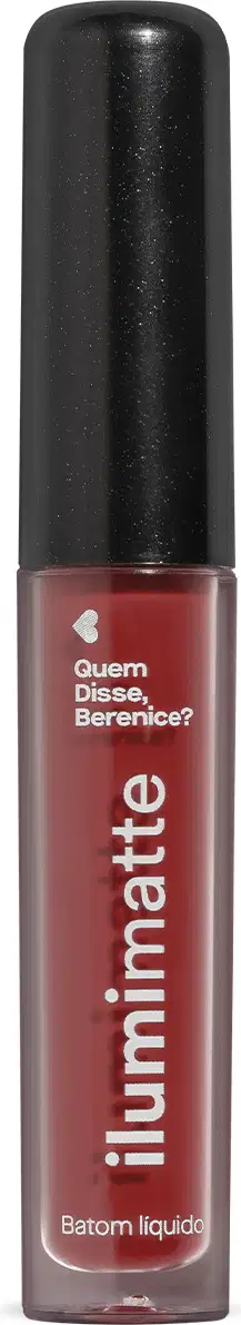 Frasco de 4ml contendo batom líquido vermelho Vermelumi Ilumimatte da marca Quem Disse, Berenice? em embalagem transparente mostrando o produto na cor vermelha, tampa preta e letras brancas.