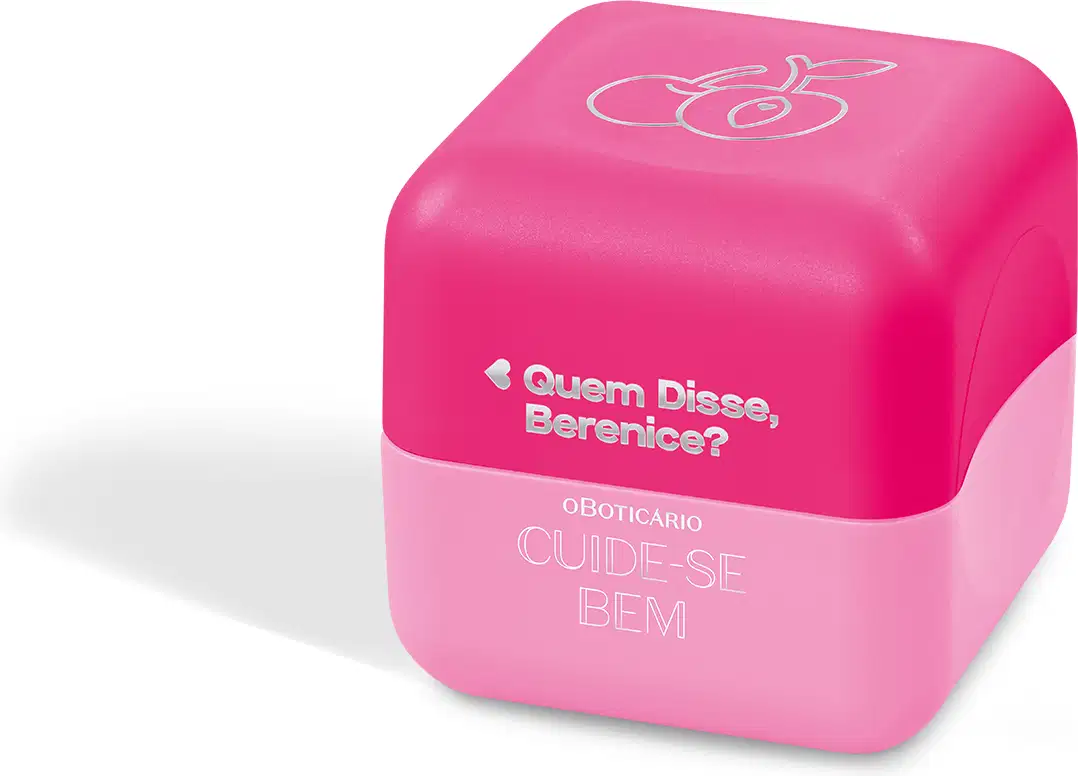 Balm hidratante labial Vinho Cuide-se Bem Cereja Livre Quem Disse, Berenice? em embalagem quadrada em tons de rosa e letras brancas.