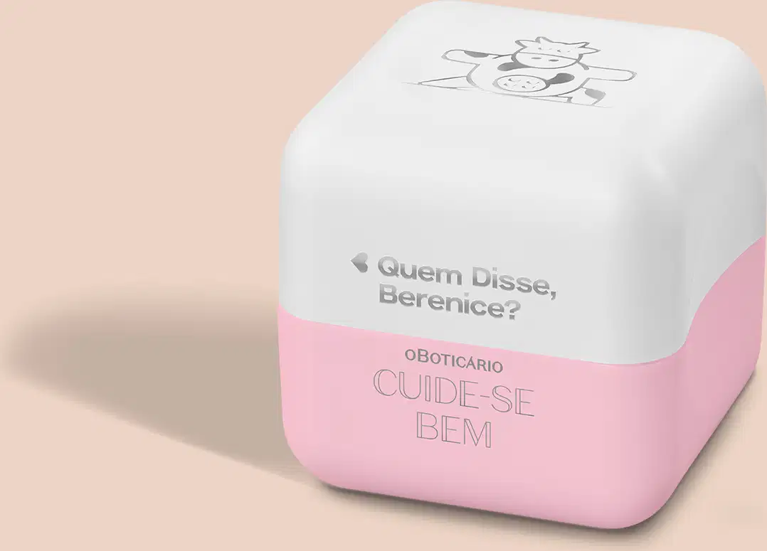 A tampa apresenta uma ilustração em preto e branco de uma vaca. O texto na base rosa diz "Oboticário CUIDE-SE BEM". Abaixo da ilustração, a frase "Quem disse, Berenice?". O produto tem uma aparência minimalista, com cores suaves de branco e rosa.