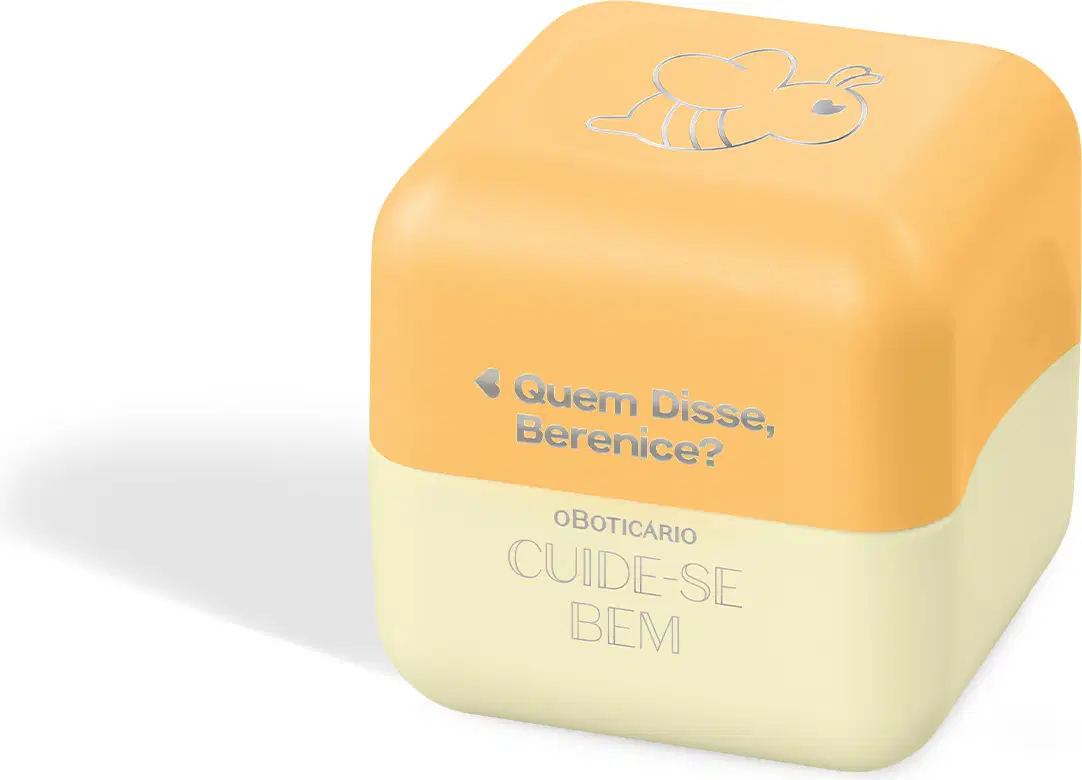 Balm Labial em formato hexagonal com duas cores. A parte superior é amarela com o desenho estilizado de uma abelha e o texto "Quem Disse, Berenice?". O design é minimalista, com apenas os elementos textuais e o ícone da abelha