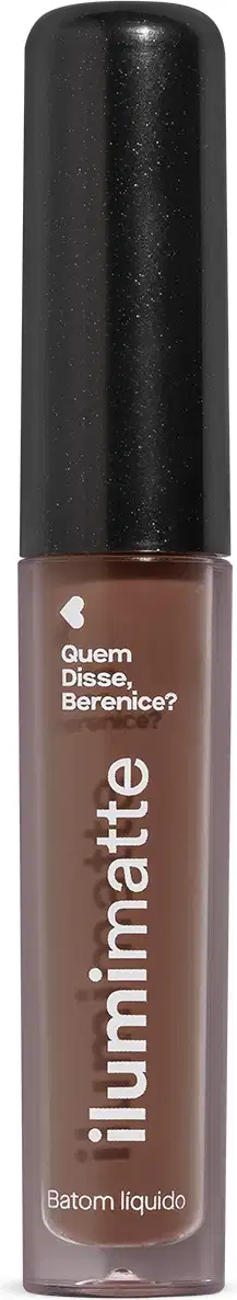 Frasco de 4ml contendo batom líquido marrom Marronlumi Ilumimatte da marca Quem Disse, Berenice? em embalagem transparente mostrando o produto na cor marrom, tampa preta e letras brancas.
