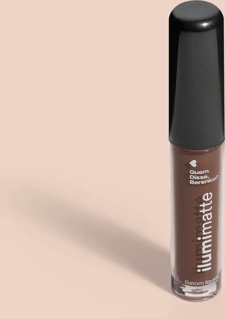 Frasco de 4ml contendo batom líquido marrom Marronlumi Ilumimatte da marca Quem Disse, Berenice? em embalagem transparente mostrando o produto na cor marrom, tampa preta e letras brancas em fundo rosado com leve sombreado.