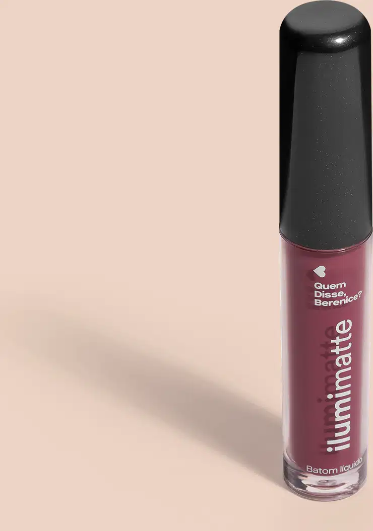 Frasco de 4ml contendo batom líquido malva Malvalumi Ilumimatte da marca Quem Disse, Berenice? em embalagem transparente mostrando o produto na cor rosa escuro, tampa preta e letras brancas em fundo rosado com leve sombreado.