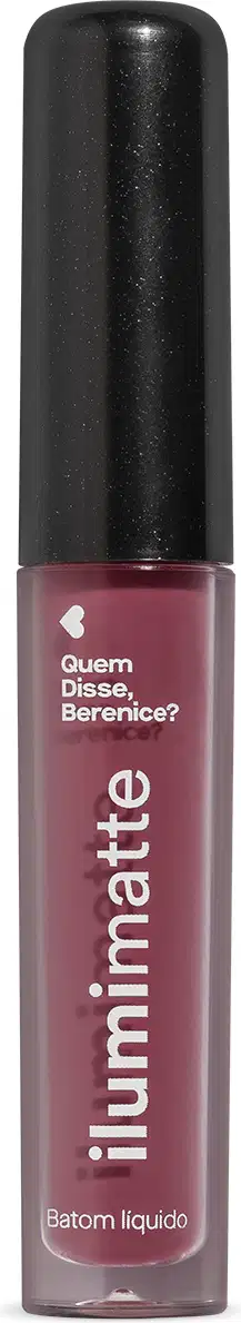 Frasco de 4ml contendo batom líquido Malva Malvalumi Ilumimatte da marca Quem Disse, Berenice? em embalagem transparente mostrando o produto na cor rosa escuro, tampa preta e letras brancas.