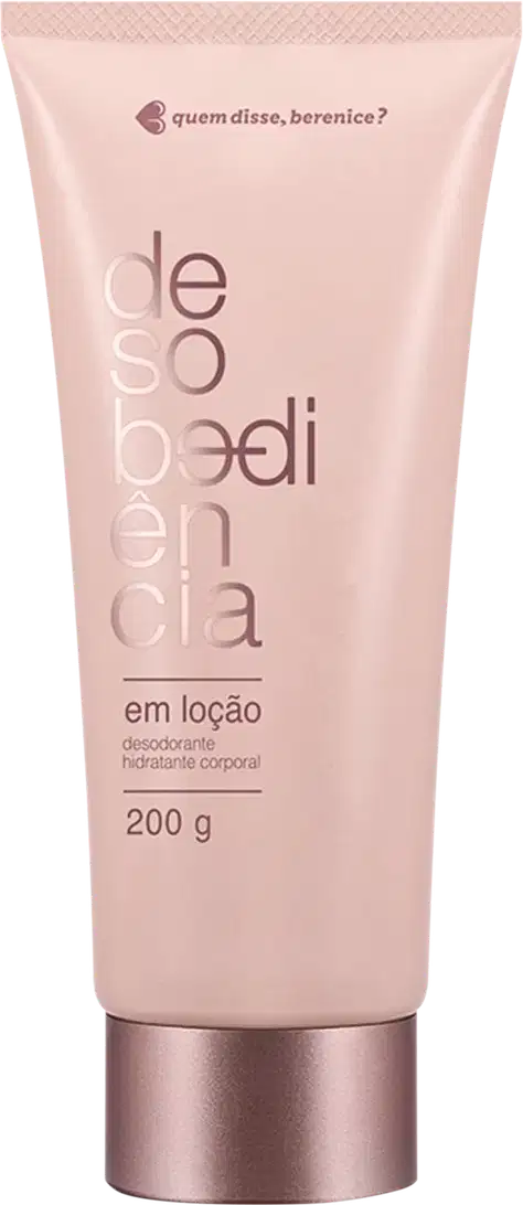 Bisnaga rosa claro com tampa e letras rose gold contendo 200g de loção hidratante corporal Desobediência Quem Disse, Berenice?.