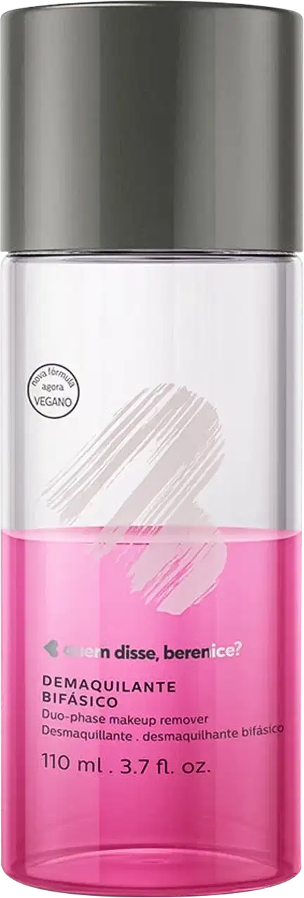 O frasco é cilíndrico, com uma tampa superior cinza e o corpo transparente, metade rosa. O rótulo exibe o nome da marca e do produto, bem como informações sobre o volume do produto, que é de 110 ml.
