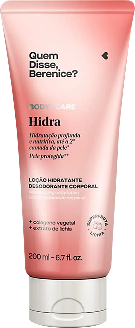 Bisnaga rosa com tampa branca e letras pretas contendo 200ml de loção hidratante desodorante corporal Body+Care Hidra Quem Disse, Berenice?.
