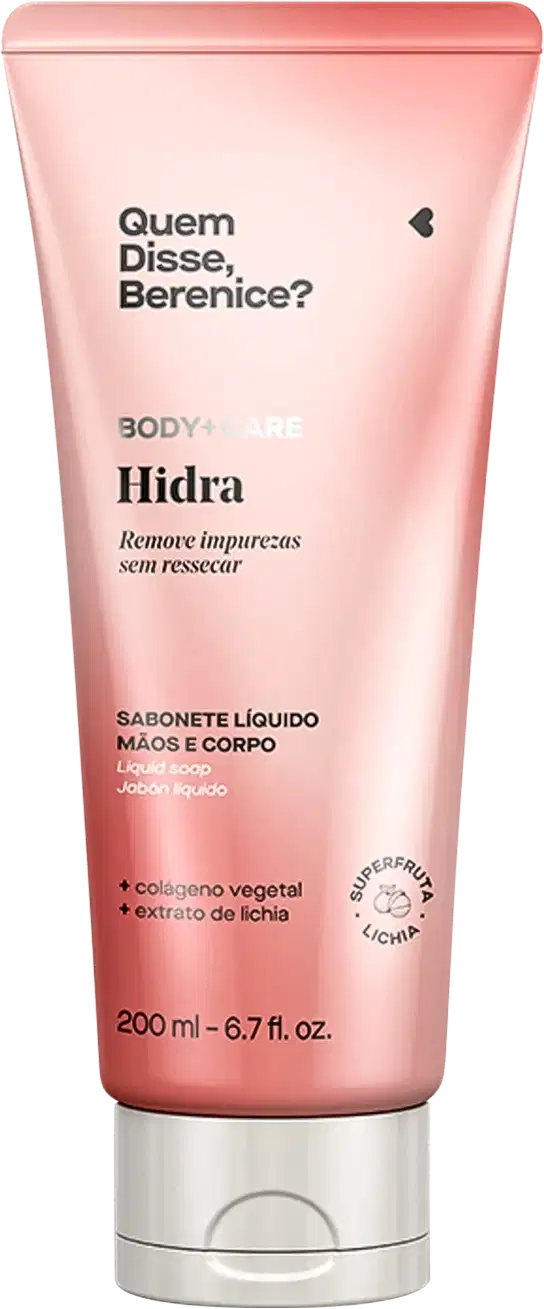Bisnaga rosa com tampa branca e letras pretas contendo 200ml de sabonete líquido mãos e corpo Body+Care Hidra Quem Disse, Berenice?.