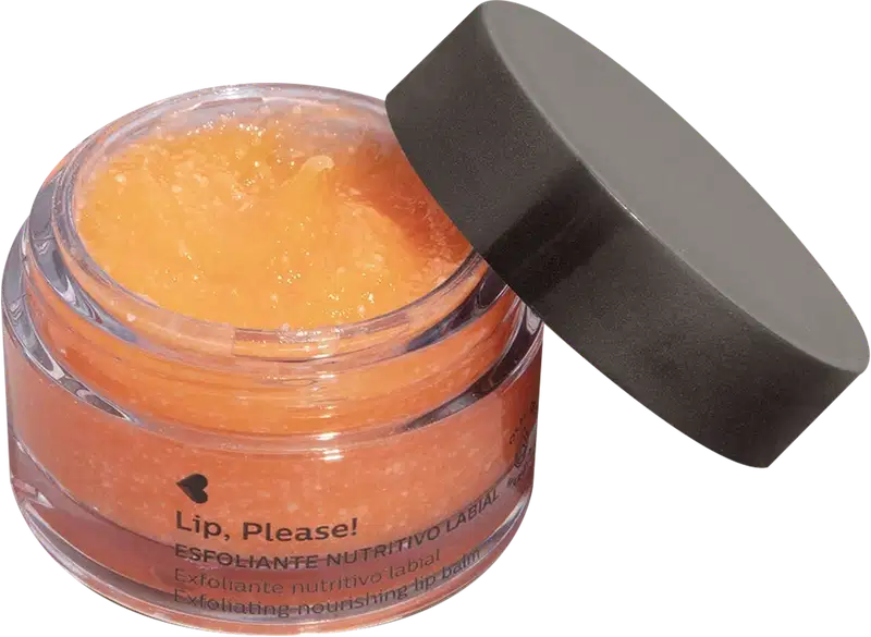 Pote de esfoliante labial mutritivo Lip, Please! Quem Disse, Berenice? com tampa preta, rótulo laranja e letras pretas.