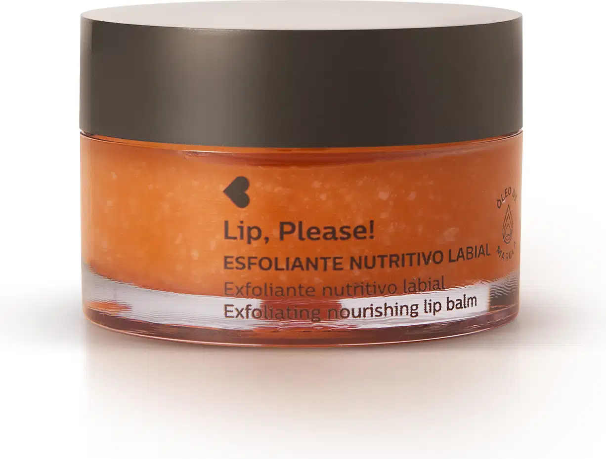 Pote de esfoliante labial mutritivo Lip, Please! Quem Disse, Berenice? com tampa preta, rótulo laranja e letras pretas.