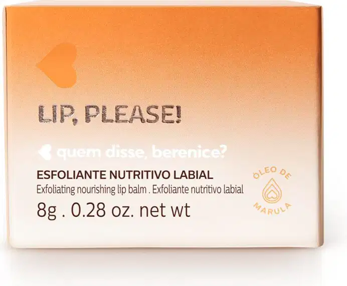 Caixa com degradê de laranja e branco com letras pretas contendo um pote de esfoliante labial mutritivo Lip, Please! Quem Disse, Berenice?.