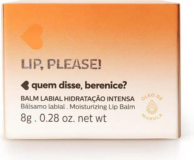 Caixa laranja e branca com letras pretas contendo um pote de balm labial de hidratação intensa Lip, Please! Quem Disse, Berenice?.