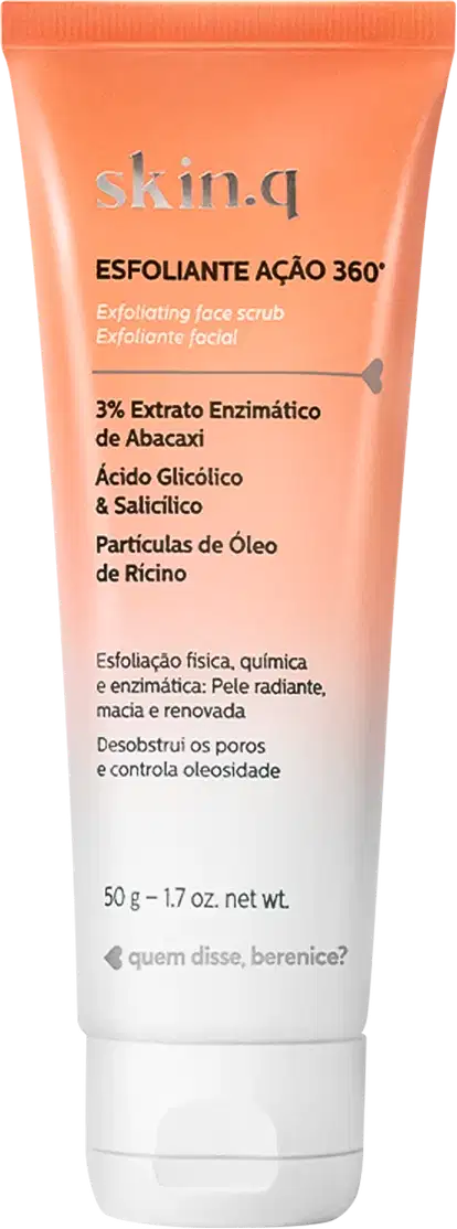 Bisnaga laranja e branca com letras pretas contendo 50g de esfoliante facial Skin.q Ação 360° da marca Quem Disse, Berenice?.