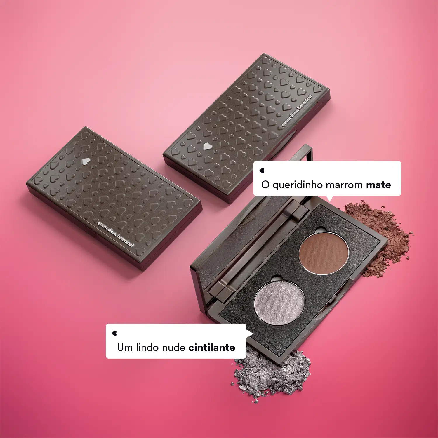 É possível ver uma paleta de sombras com dois tons de marrom e prata, com a inscrição "Um lindo nude cintilante" na imagem.