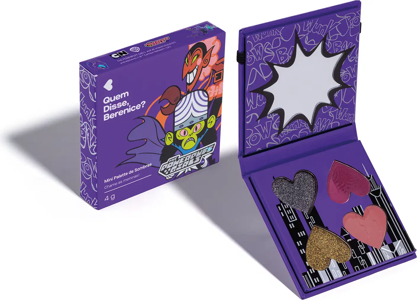 Paleta de sombras compacta da marca "The Powerpuff Girls" em embalagem roxa com ilustrações e texto, contendo sombras em tons de vermelho, rosa e dourado.
