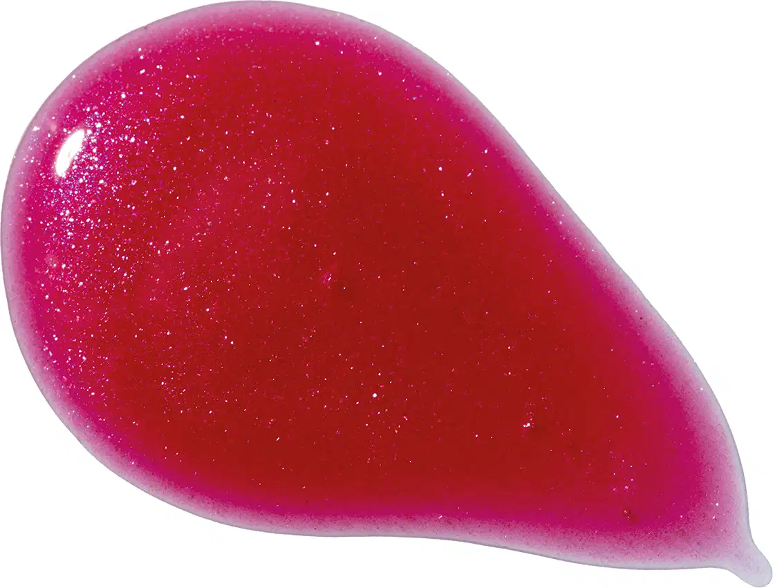 Textura brilhante e gelatinosa de tom rosa intenso com partículas cintilantes, aparentando ser um lip oil Meninas Superpoderosas Quem Disse, Berenice?