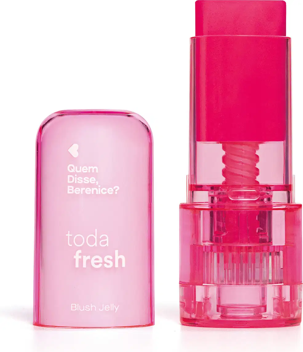 Frasco rosa escuro com tampa rosa translúcida contendo 5g de blush jelly na cor pink da marca Toda Fresh Quem Disse, Berenice? .