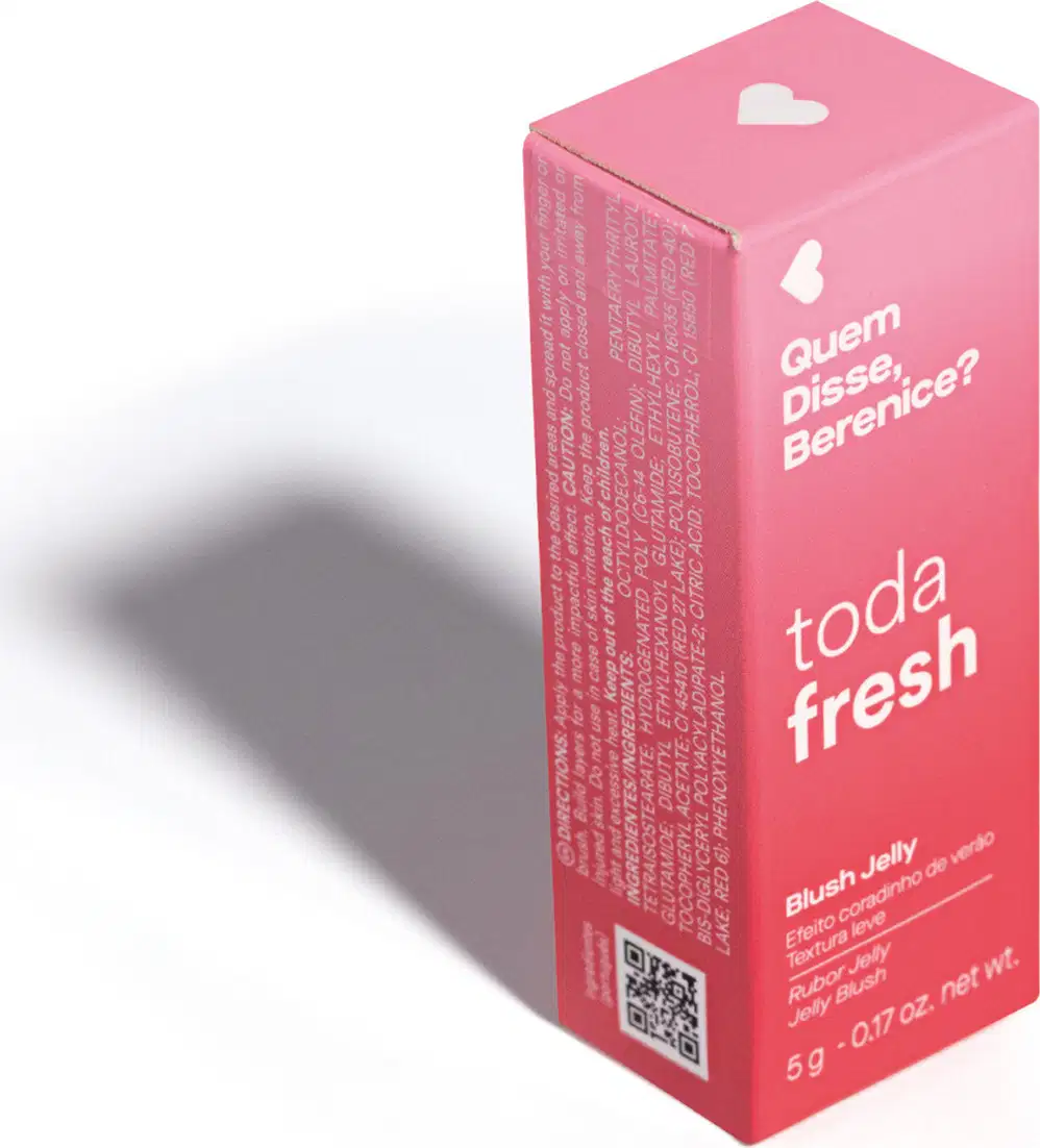 Caixa em tom de rosa contendo um frasco de blush jelly Toda Fresh Quem Disse, Berenice?.