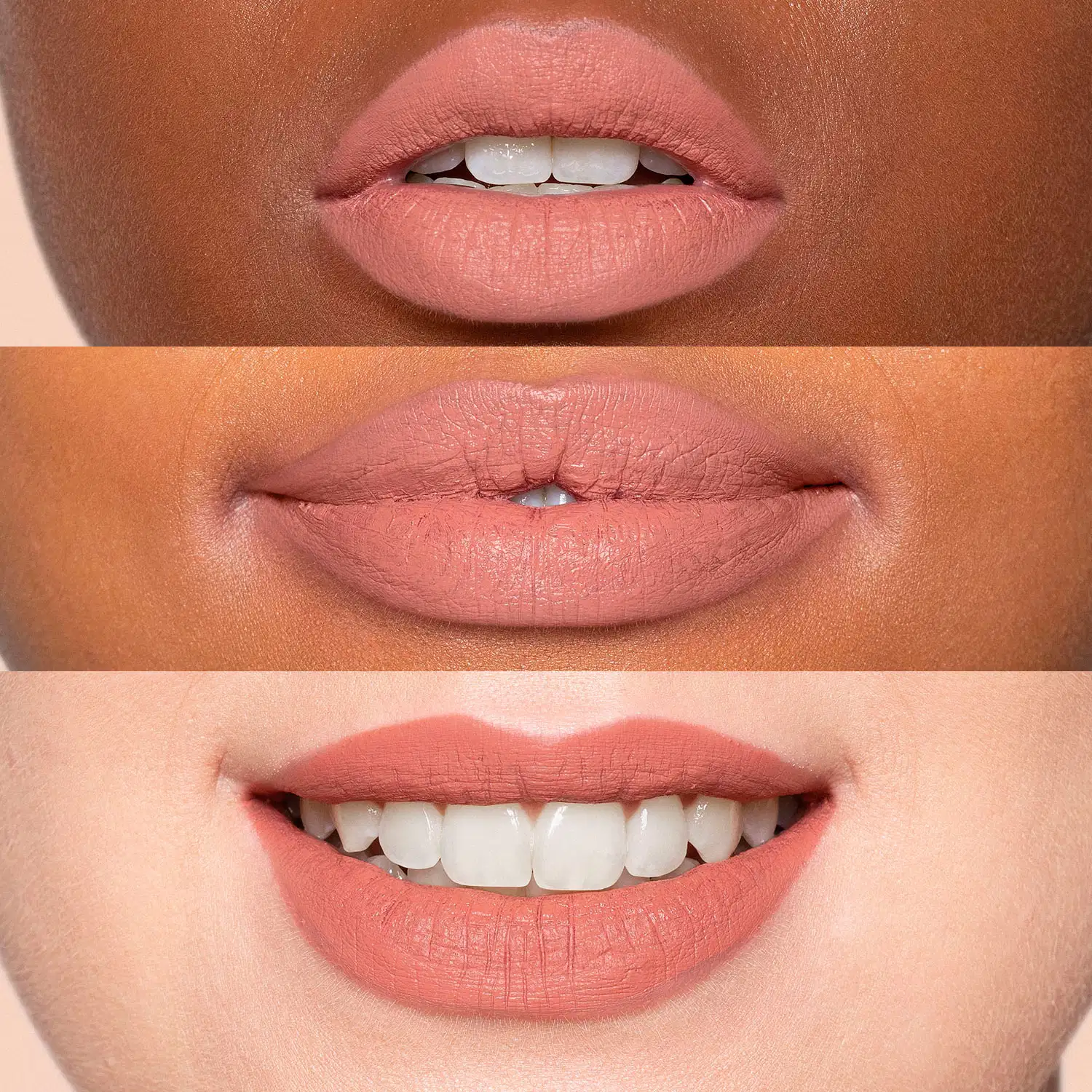 Três imagens de lábios com diferentes tons de rosa e coral. As imagens mostram os lábios em diferentes ângulos, com destaque para a textura e o brilho da pele. As cores predominantes são tons quentes de rosa e coral, sugerindo um item de perfumaria.