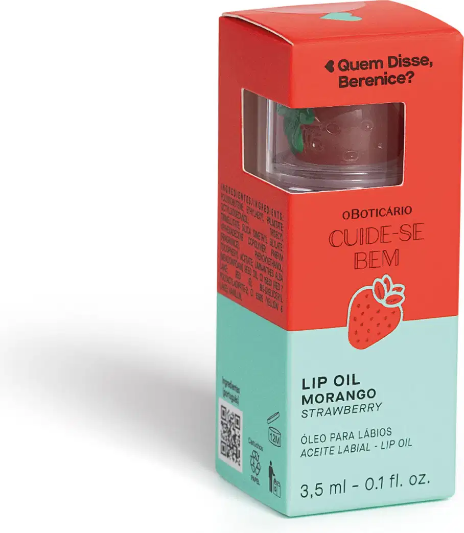 Imagem do frasco de óleo labial de morango da marca Quem Disse, Berenice?, em embalagem em tons de vermelho e branco com texto preto, contendo 3,5 ml de lip oil.