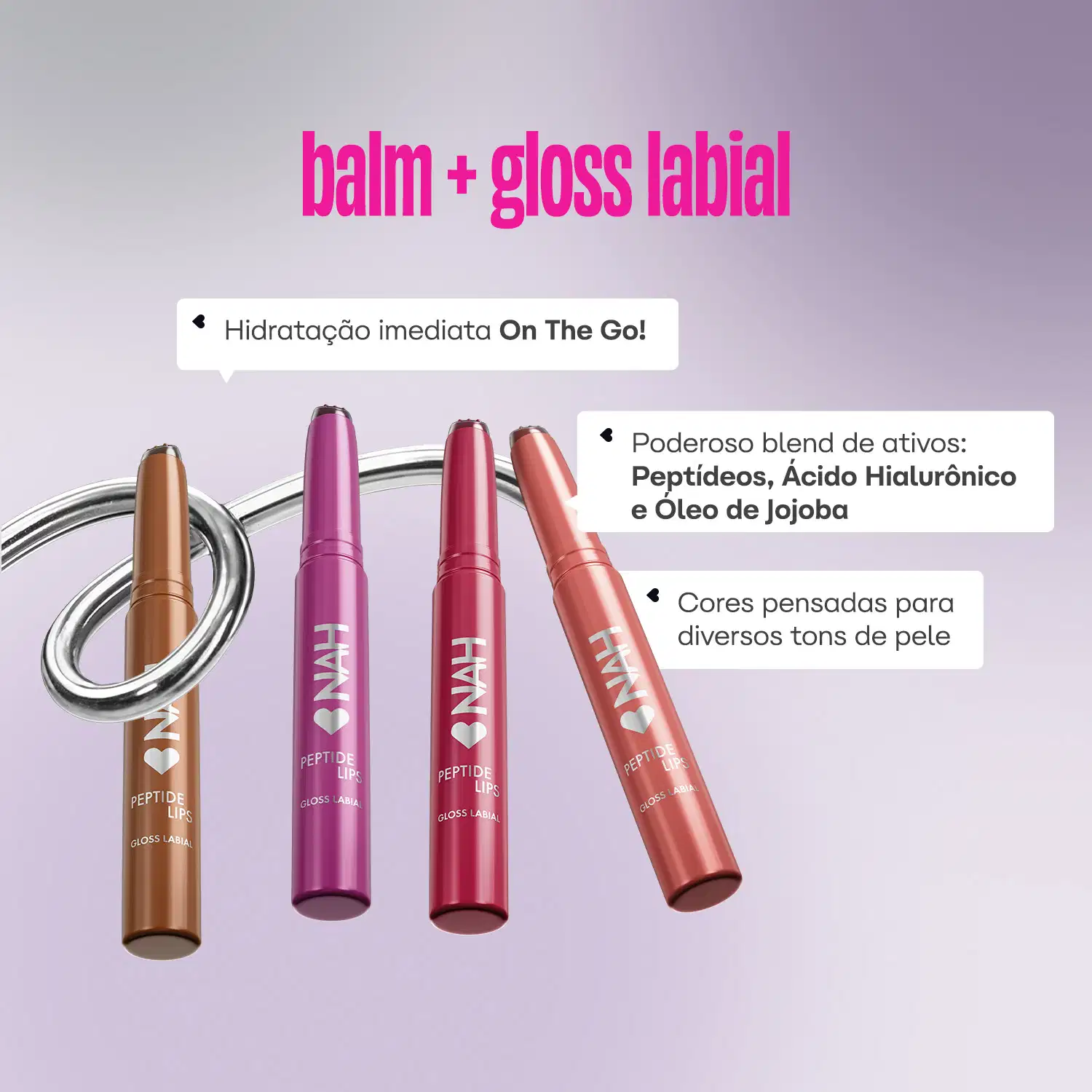 Hidratação imediata On The Go! Poderoso blend de ativos: Peptídeos, Ácido Hialurônico e Óleo de Jojoba. Cores pensadas para diversos tons de pele.