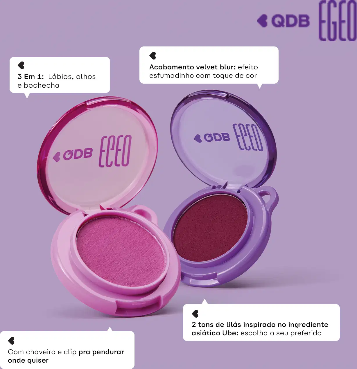 Embalagens de maquiagem da marca QDB Egeo com acabamento velvet blur e tons de lilás, com chaveiro e clip para pendurar e levar consigo.