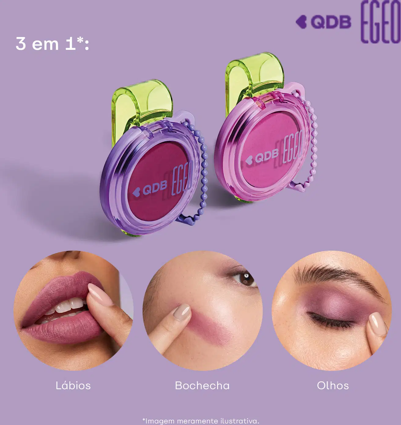 Dois itens de da marca Quem Disse, Berenice? em tons de rosa e roxo com detalhes verdes, sobre fundo roxo claro, com imagens de lábios, bochecha e olhos próximas.