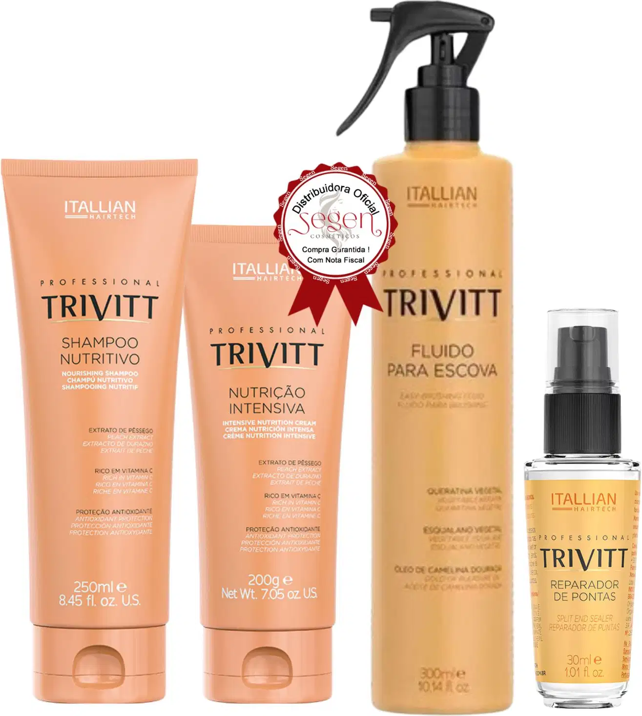 A imagem mostra uma linha de produtos para cabelos da marca Itallian Hairtech. Há um shampoo nutritivo de 250ml, uma máscara de nutrição intensiva de 200g, um fluido para escova em frasco bomba amarelo de 300ml e um reparador de pontas de 30ml.