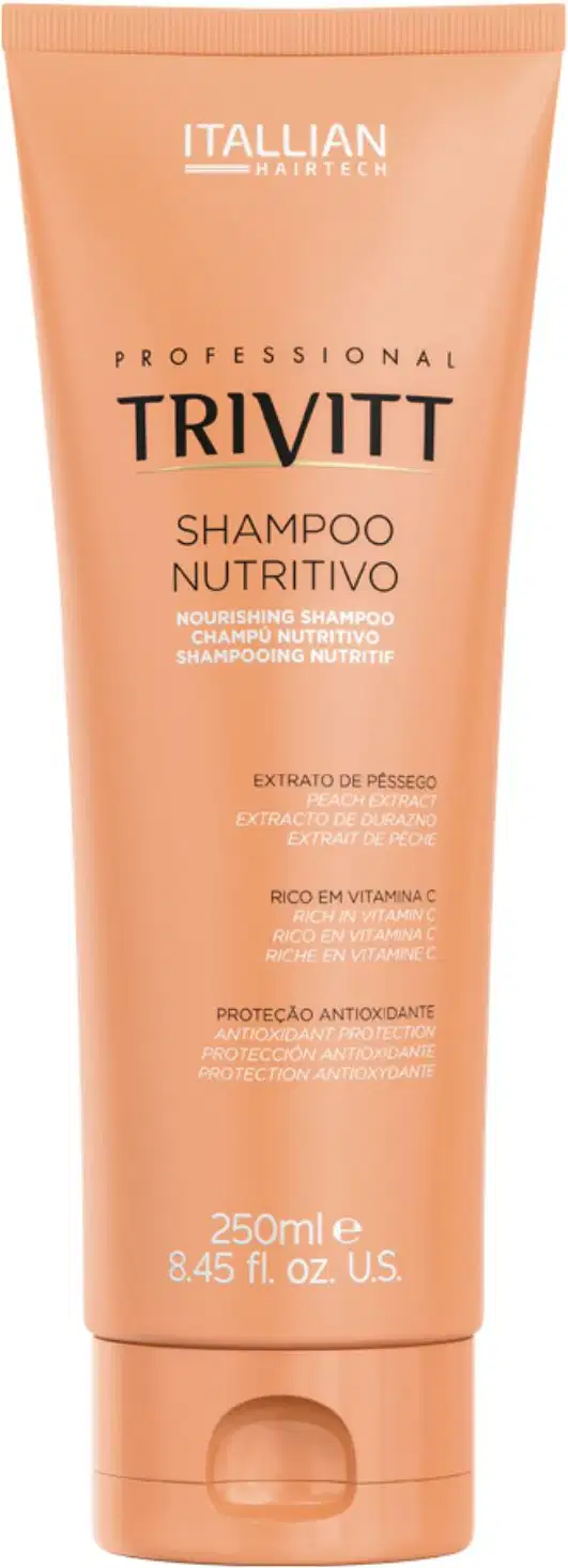 Shampoo nutritivo da marca Trivitt, linha profissional da Itallian Hairtech. Embalagem plástica na cor bege, formato cilíndrico. Volume de 250ml.