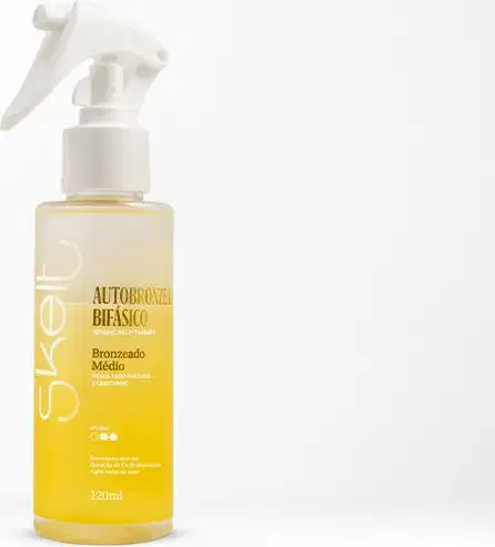 Frasco de spray branco com rótulo amarelo contendo "Autobronzeador Bifásico" da marca Skelt, com a descrição "Bronzeado Médio" em destaque.