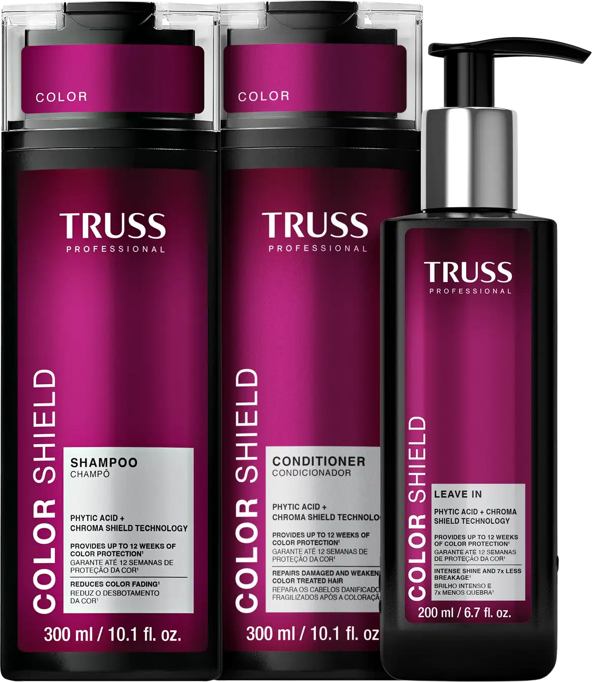 Embalagens de shampoo, condicionador e leave-in da marca TRUSS Professional, com textos "Color Shield" e "Phytic Acid + Chroma Shield Technology" indicando proteção da cor e brilho.