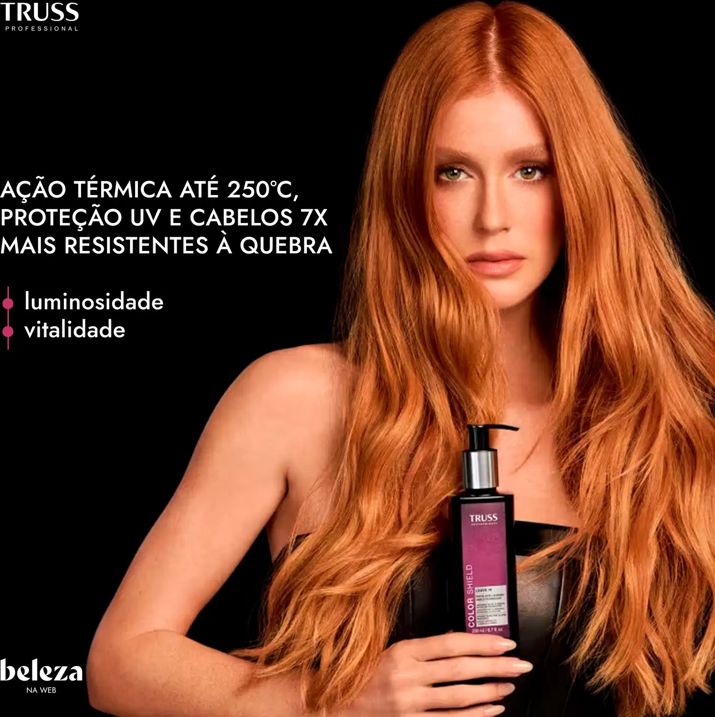 Imagem de uma mulher com cabelos longos e ruivos segurando o Leave-In da marca TRUSS, com texto informando ação térmica até 250°C, proteção UV e cabelos 7x mais resistentes à quebra.