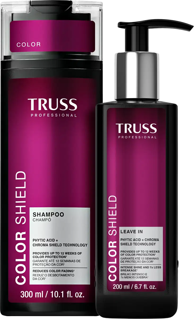 Embalagem e frasco de item da marca TRUSS, com textos "TRUSS PROFESSIONAL", "COLOR SHIELD", "SHAMPOO" e "LEAVE IN" em fundo rosa escuro.