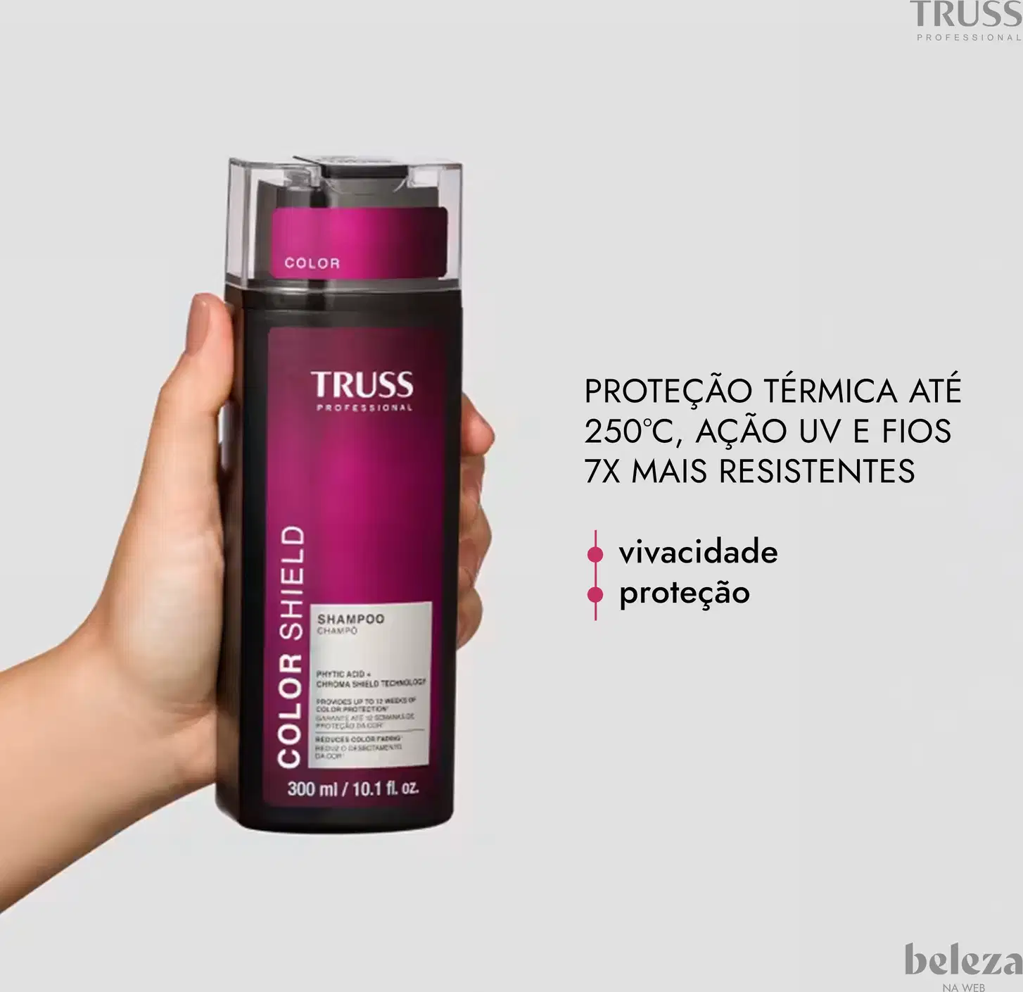 Embalagem de shampoo da marca TRUSS Professional com proteção térmica até 250°C, ação UV e fios 7x mais resistentes, promovendo vivacidade e proteção.