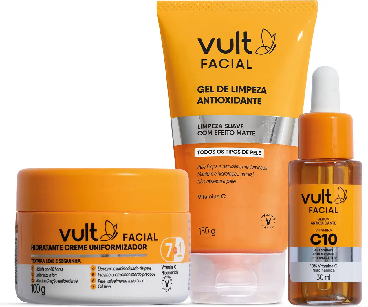 A imagem mostra três produtos de cuidados faciais da marca Vult. O primeiro é um gel de limpeza antioxidante de 150g. O segundo é um creme hidratante de 100g. O terceiro é um sérum antioxidante de 30ml.