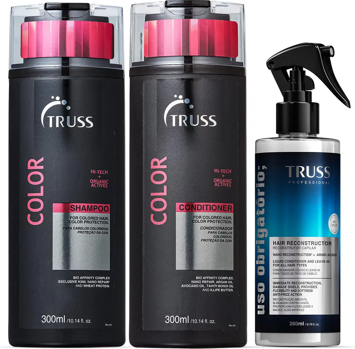 A imagem mostra três produtos. São um shampoo e um condicionador da linha Color, ambos em embalagens pretas de 300ml, com detalhes em rosa. E um tratamento spray Uso Obrigatório em uma embalagem de 260ml, nas cores preta e azul.