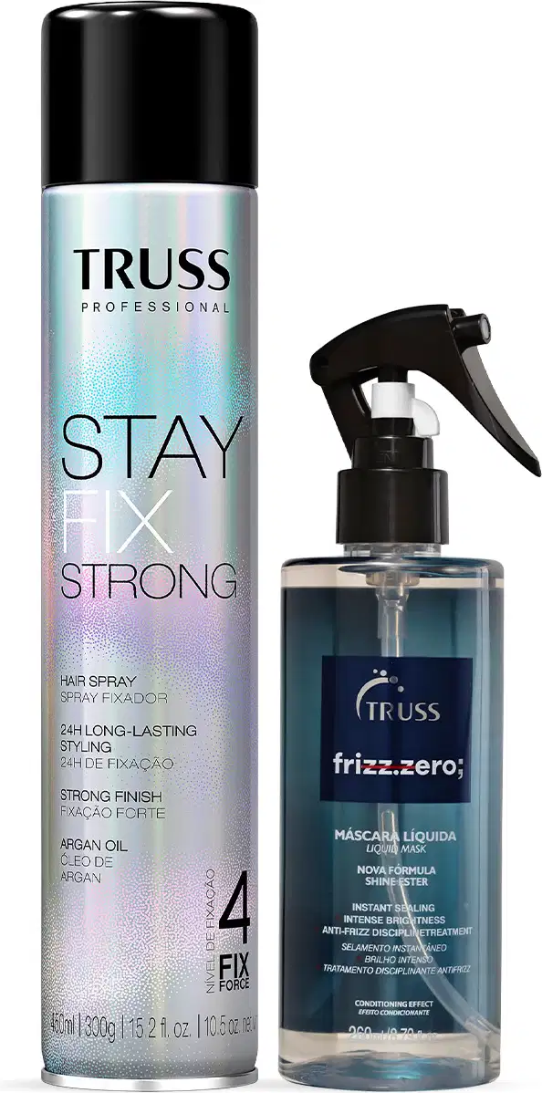 Dois produtos da marca Truss: um frasco de spray fixador de cabelo "Stay Fix Strong" e um frasco de tratamento anti-frizz "Frizz.zero", ambos em embalagens pretas e azuis com detalhes em branco.