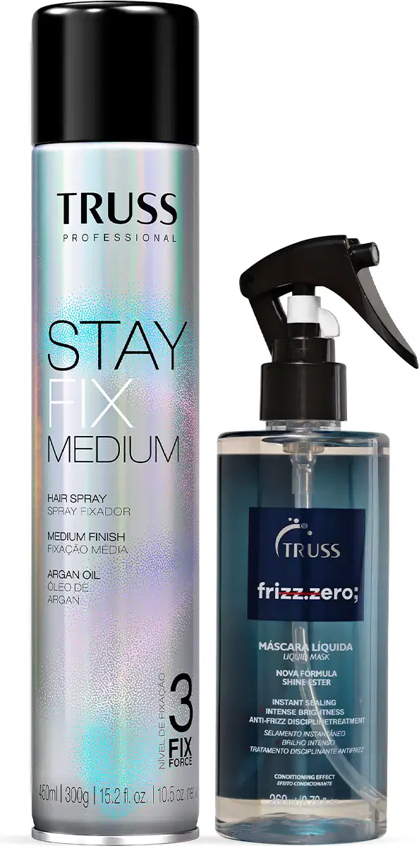 Produtos de cuidados capilares da marca Truss, incluindo um spray fixador de cabelo e um tratamento anti-frizz, em embalagens pretas e azuis, em um ambiente limpo e minimalista.