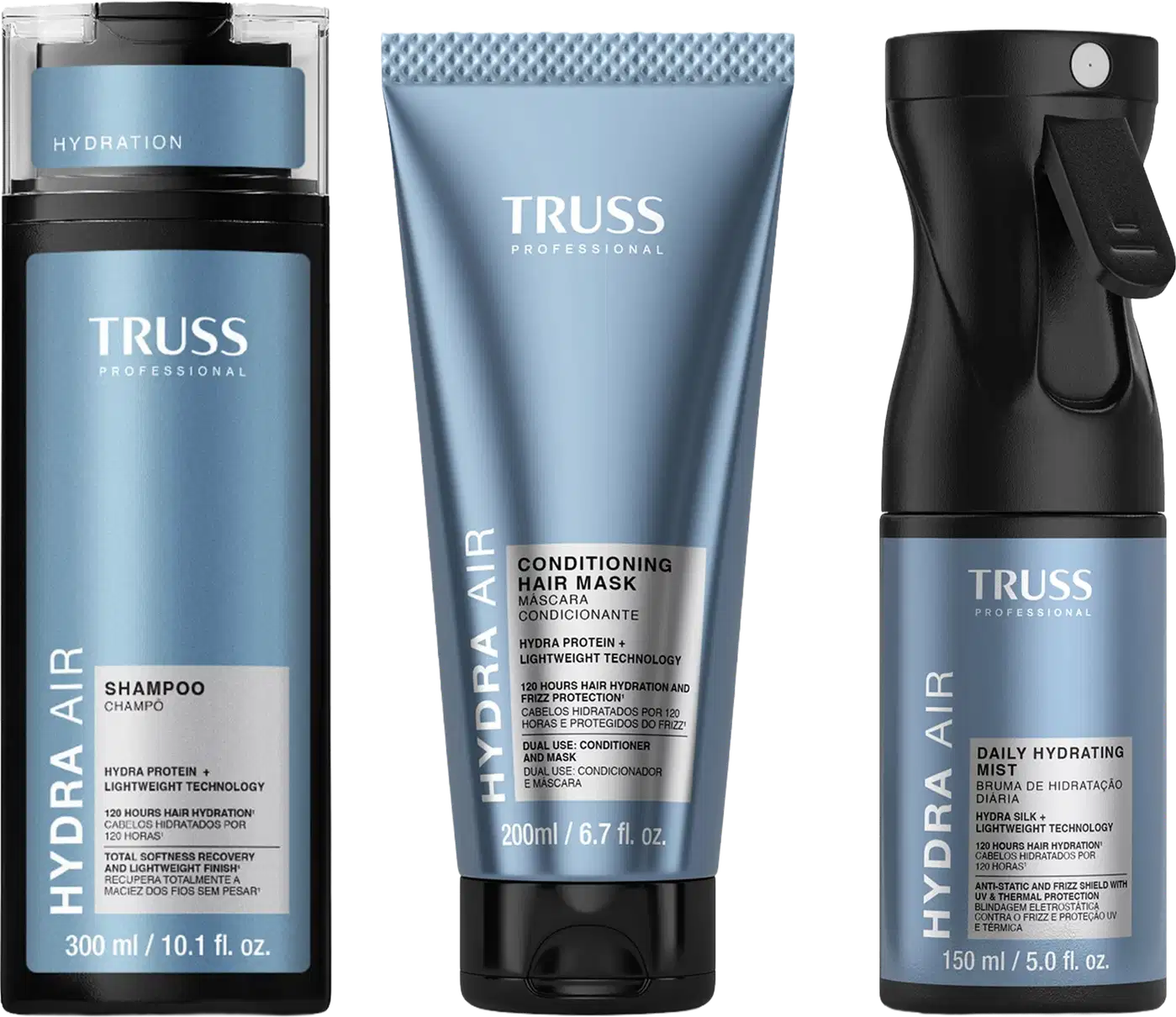 Três produtos da marca TRUSS Professional: shampoo, máscara condicionadora e spray hidratante, em embalagens pretas e azuis com detalhes em branco, exibindo o nome da marca e informações sobre os benefícios dos produtos.