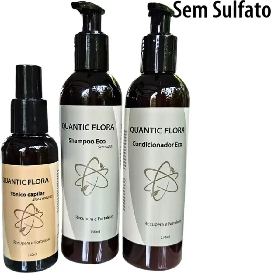 Kit com shampoo, condicionador e tônico capilar da marca Quantic Flora.
