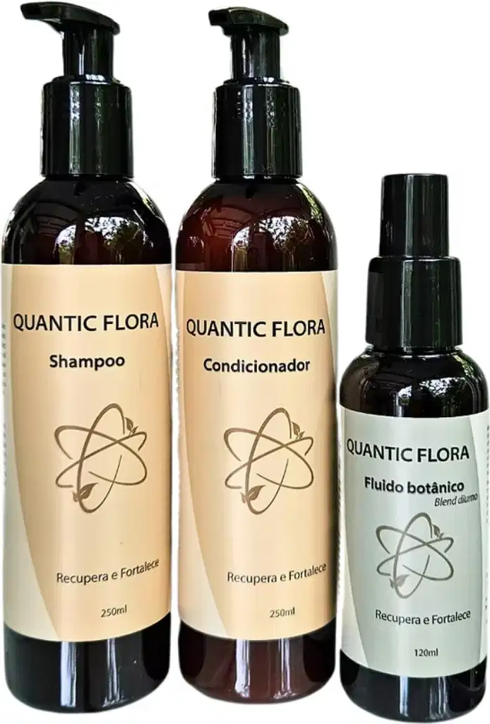Kit com shampoo, condicionador e fluido capilar da marca Quantic Flora.